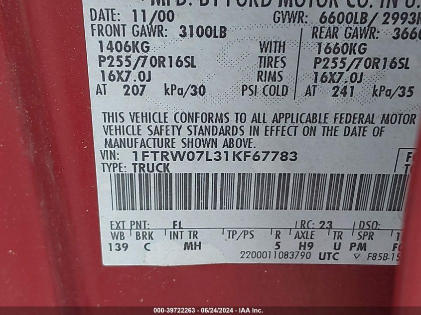 2001 Ford F-150 Harley-Davidson Edition/King Ranch Edition/Lariat/Xlt VIN: 1FTRW07L31KF67783 Lot: 39722263