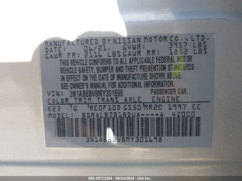 2021 Nissan Sentra S Xtronic Cvt VIN: 3N1AB8BV8MY301698 Lot: 39722264