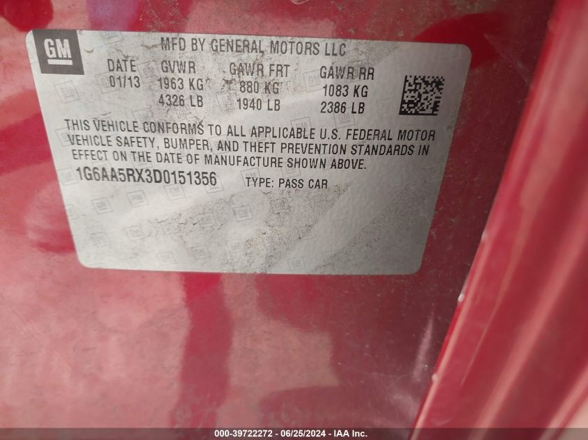 2013 Cadillac Ats VIN: 1G6AA5RX3D015135 Lot: 39722272