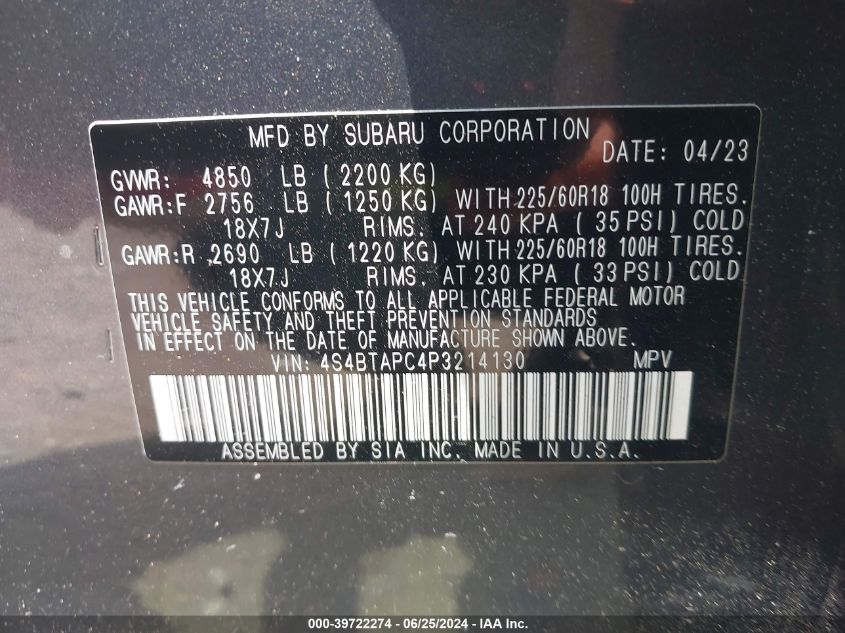 2023 Subaru Outback Touring VIN: 4S4BTAPC4P3214130 Lot: 39722274