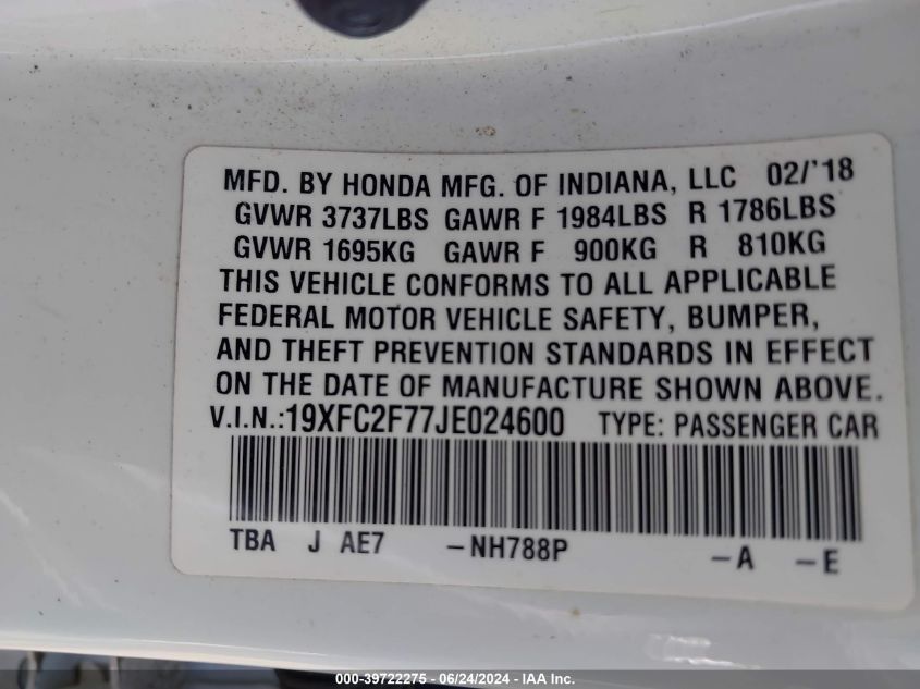 2018 Honda Civic Ex VIN: 19XFC2F77JE024600 Lot: 39722275