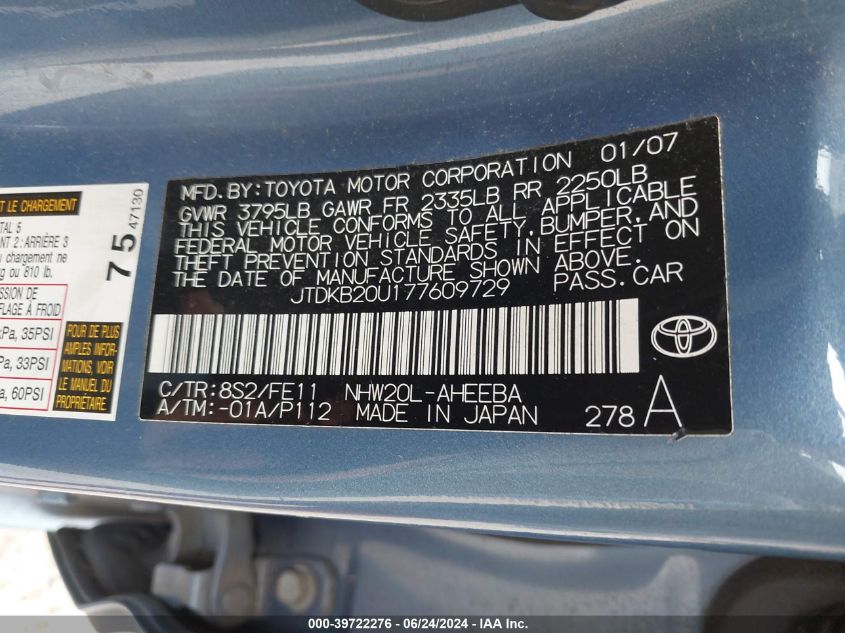 2007 Toyota Prius VIN: JTDKB20U177609729 Lot: 39722276