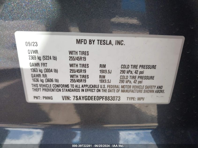 2023 Tesla Model Y Awd/Long Range Dual Motor All-Wheel Drive VIN: 7SAYGDEE0PF883073 Lot: 39722281