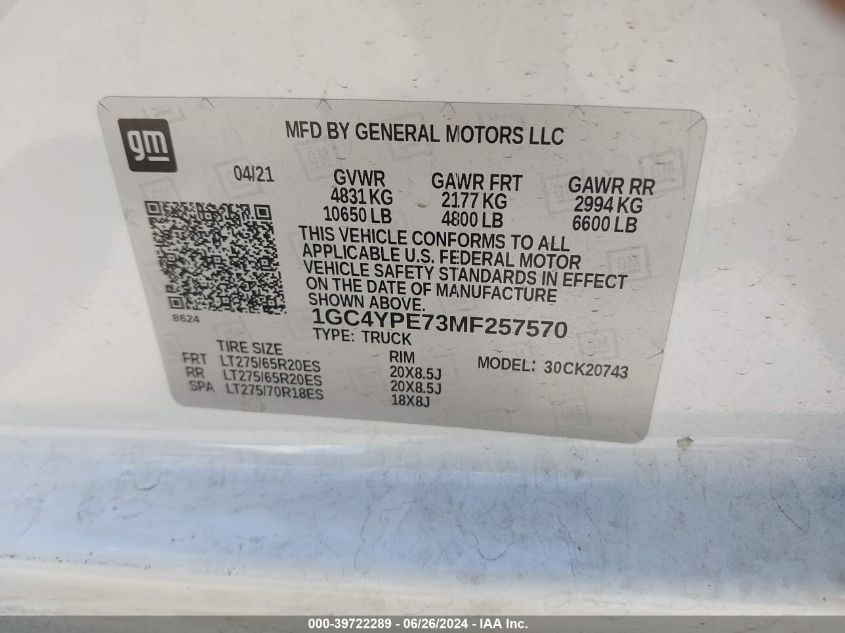 2021 Chevrolet Silverado 2500Hd 4Wd Standard Bed Ltz VIN: 1GC4YPE73MF257570 Lot: 39722289