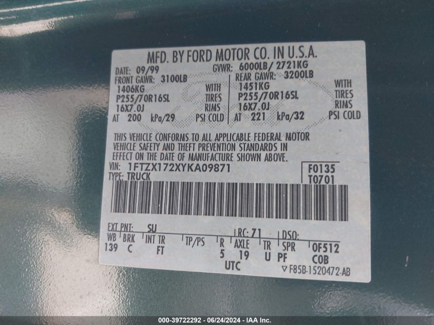 2000 Ford F-150 Work Series/Xl/Xlt VIN: 1FTZX172XYKA09871 Lot: 39722292