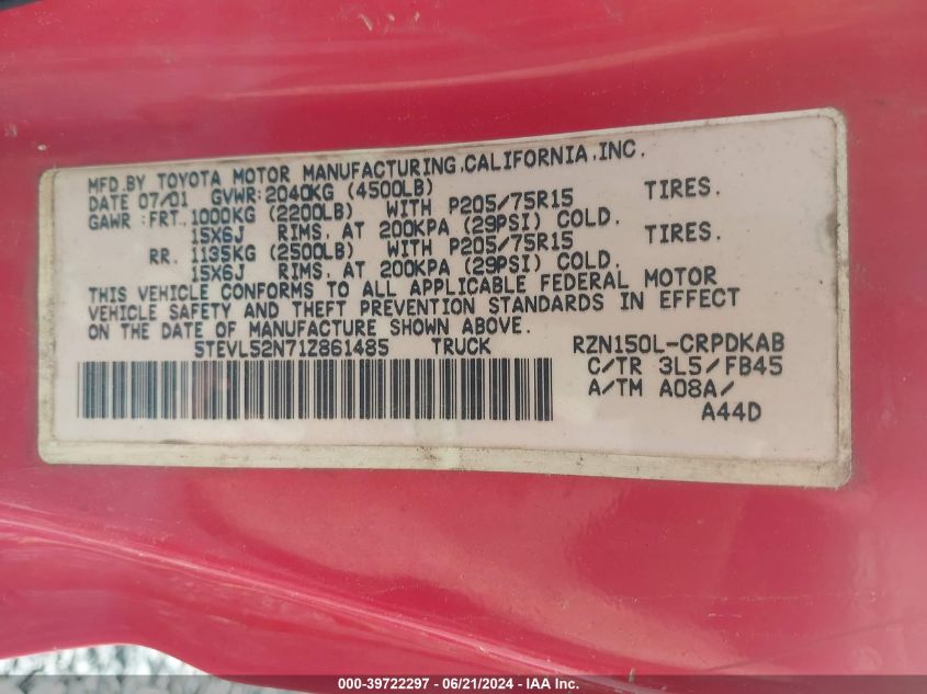 2001 Toyota Tacoma VIN: 5TEVL52N71Z861485 Lot: 39722297