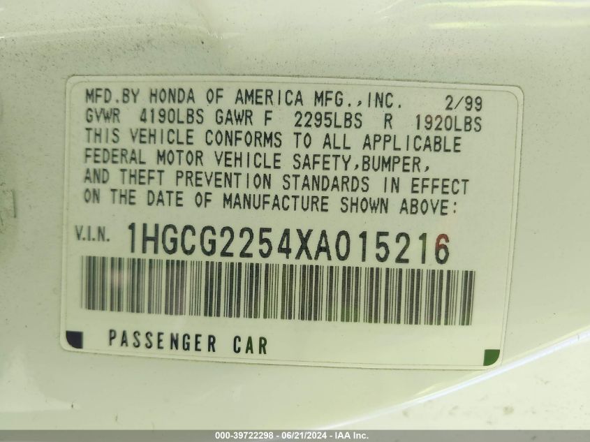 1999 Honda Accord Ex V6 VIN: 1HGCG2254XA015216 Lot: 39722298