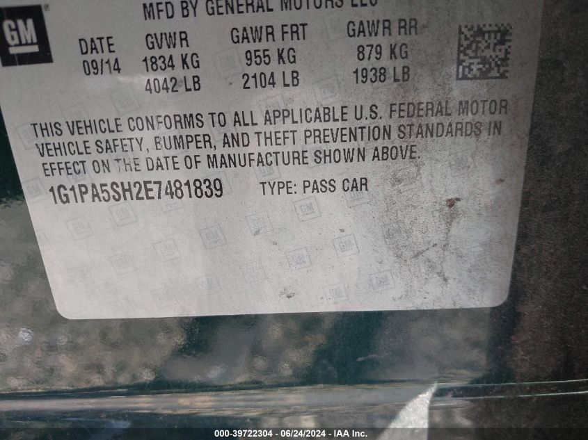 2014 Chevrolet Cruze Ls Auto VIN: 1G1PA5SH2E7481839 Lot: 39722304