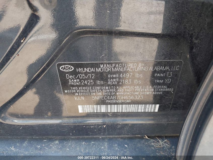 2013 Hyundai Sonata Limited 2.0T VIN: 5NPEC4AB7DH656323 Lot: 39722311