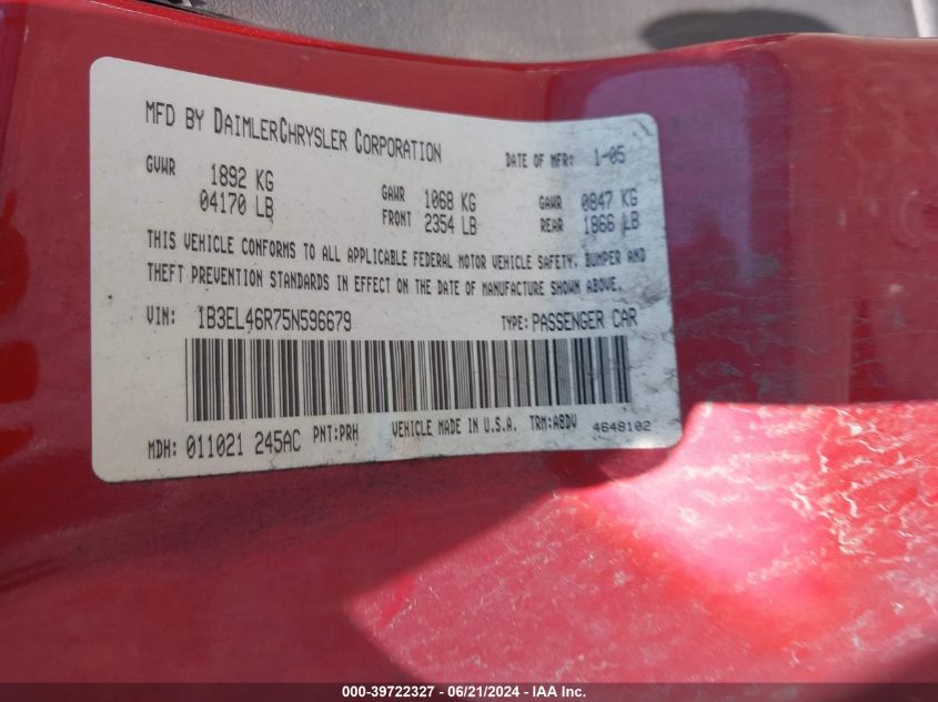 2005 Dodge Stratus Sxt VIN: 1B3EL46R75N596679 Lot: 39722327