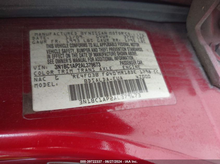 2010 Nissan Versa 1.8S VIN: 3N1BC1AP2AL379673 Lot: 39722337