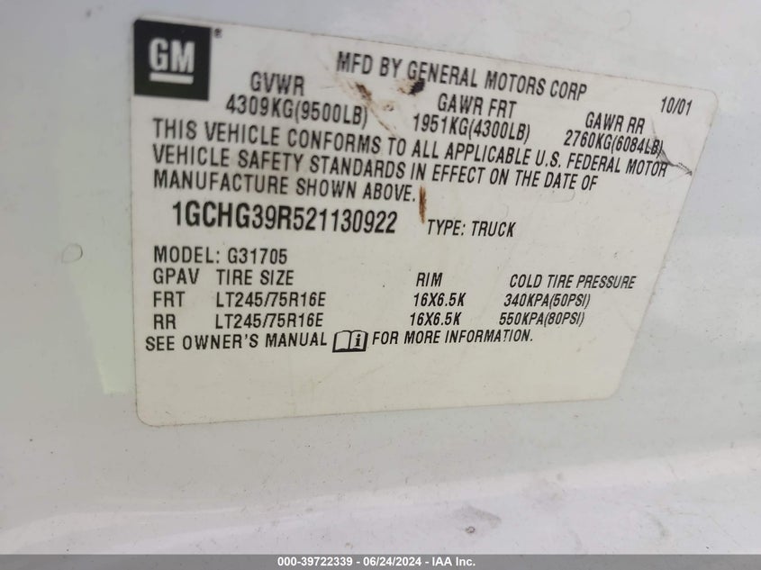 2002 Chevrolet Express VIN: 1GCHG39R521130922 Lot: 39722339