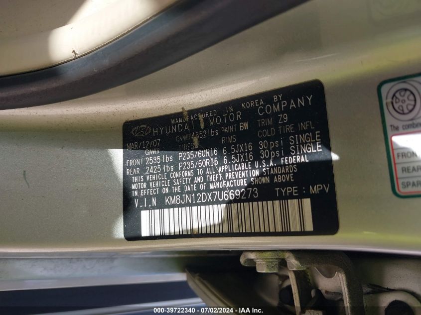 2007 Hyundai Tucson Se/Limited VIN: KM8JN12DX7U669273 Lot: 39722340