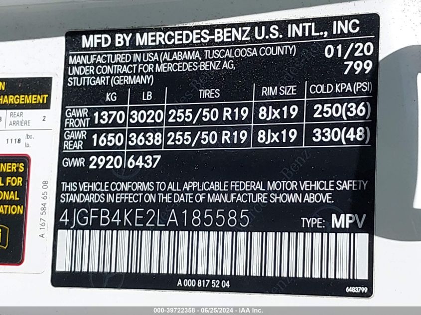 2020 Mercedes-Benz Gle 350 4Matic VIN: 4JGFB4KE2LA185585 Lot: 39722358