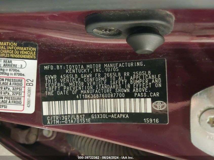 2006 Toyota Avalon Limited VIN: 4T1BK36B76U087700 Lot: 39722362