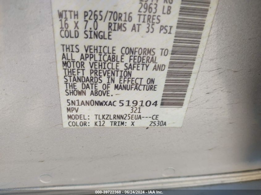 2010 Nissan Xterra S VIN: 5N1AN0NWXAC519104 Lot: 39722368