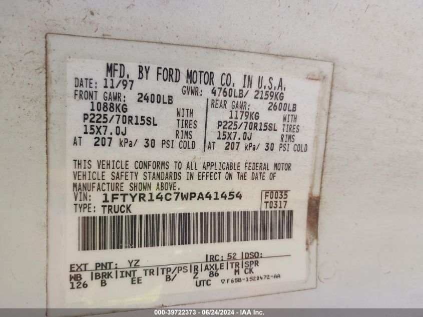 1998 Ford Ranger Xl/Xlt VIN: 1FTYR14C7WPA41454 Lot: 39722373