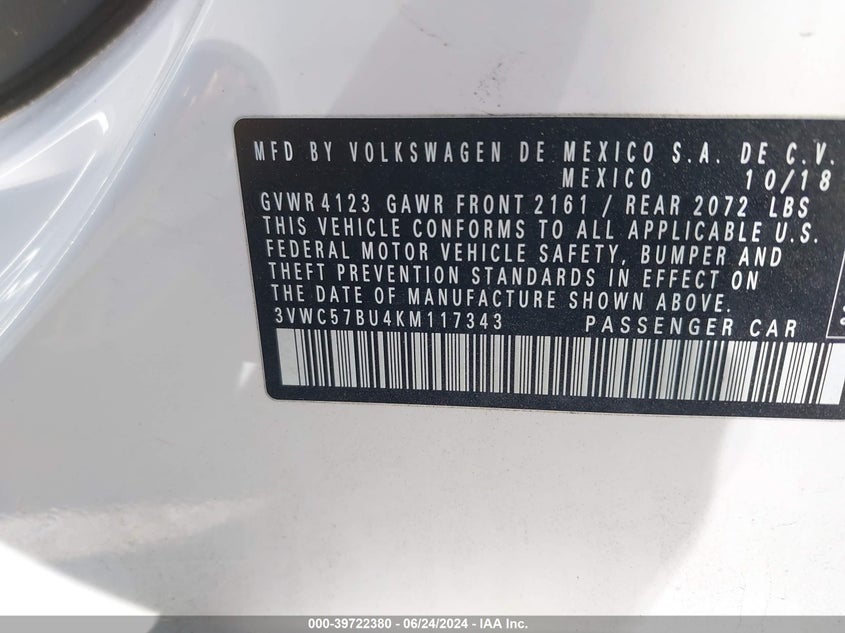 VIN 3VWC57BU4KM117343 2019 VOLKSWAGEN JETTA 1.4T R-LINE/1.4T S/1.4T SE