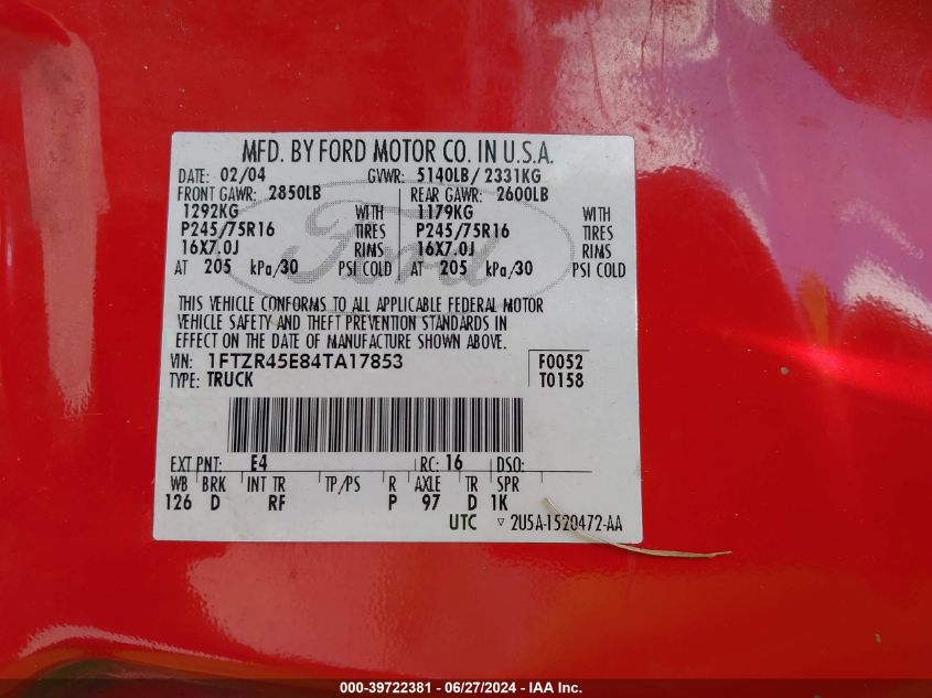 2004 Ford Ranger Edge/Tremor/Xlt VIN: 1FTZR45E84TA17853 Lot: 39722381