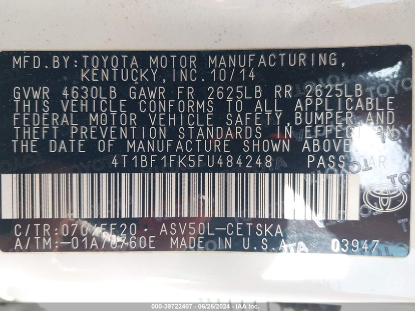 2015 Toyota Camry Le/Xle/Se/Xse VIN: 4T1BF1FK5FU484248 Lot: 39722407