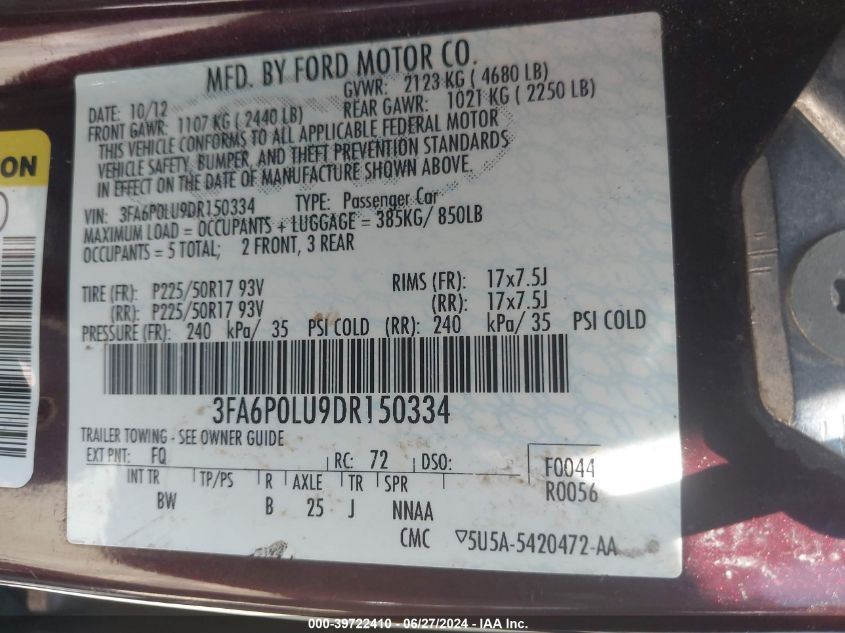 2013 Ford Fusion Hybrid Se VIN: 3FA6P0LU9DR150334 Lot: 39722410