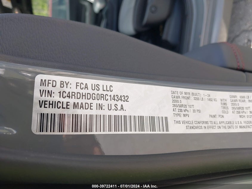 2024 Dodge Durango Gt Plus Rwd VIN: 1C4RDHDG0RC143432 Lot: 39722411