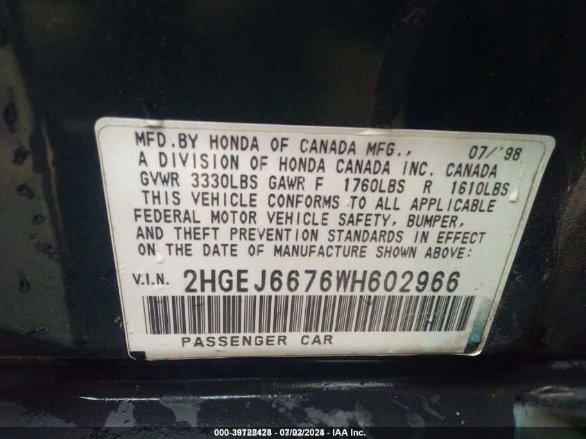 2HGEJ6676WH602966 1998 Honda Civic Lx