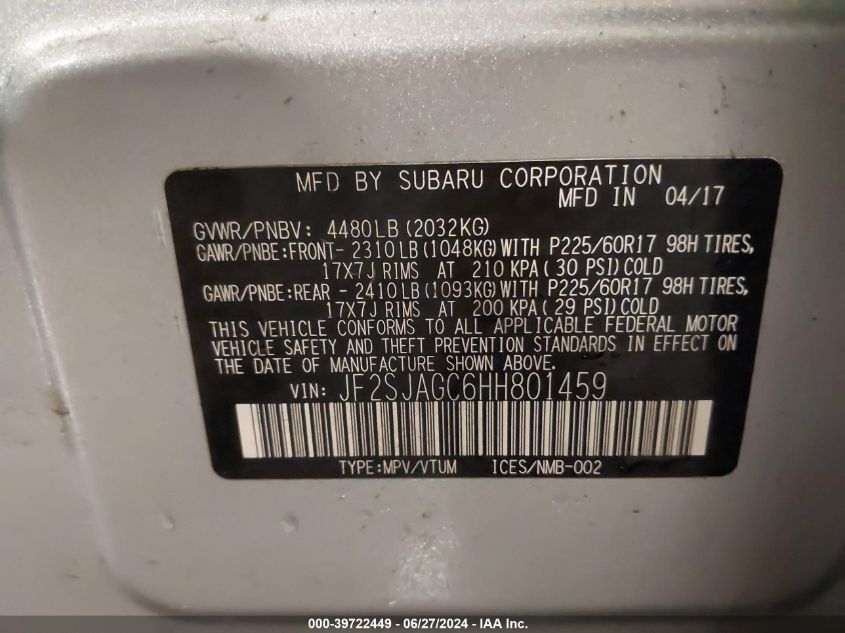 2017 Subaru Forester 2.5I Premium VIN: JF2SJAGC6HH801459 Lot: 39722449