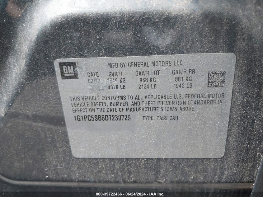 2013 Chevrolet Cruze 1Lt Auto VIN: 1G1PC5SB6D7230729 Lot: 39722466