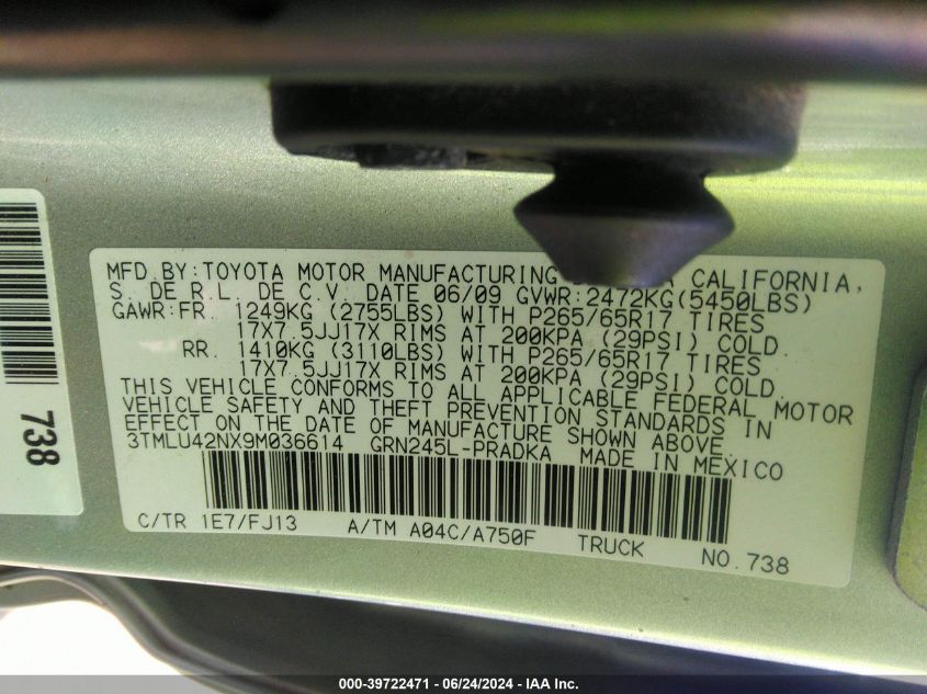 2009 Toyota Tacoma Base V6 VIN: 3TMLU42NX9M036614 Lot: 39722471