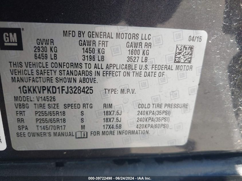 2015 GMC Acadia Sle-2 VIN: 1GKKVPKD1FJ328425 Lot: 39722498