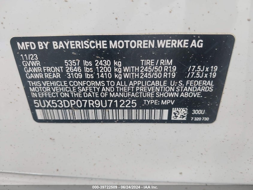 2024 BMW X3 xDrive30I VIN: 5UX53DP07R9U71225 Lot: 39722509