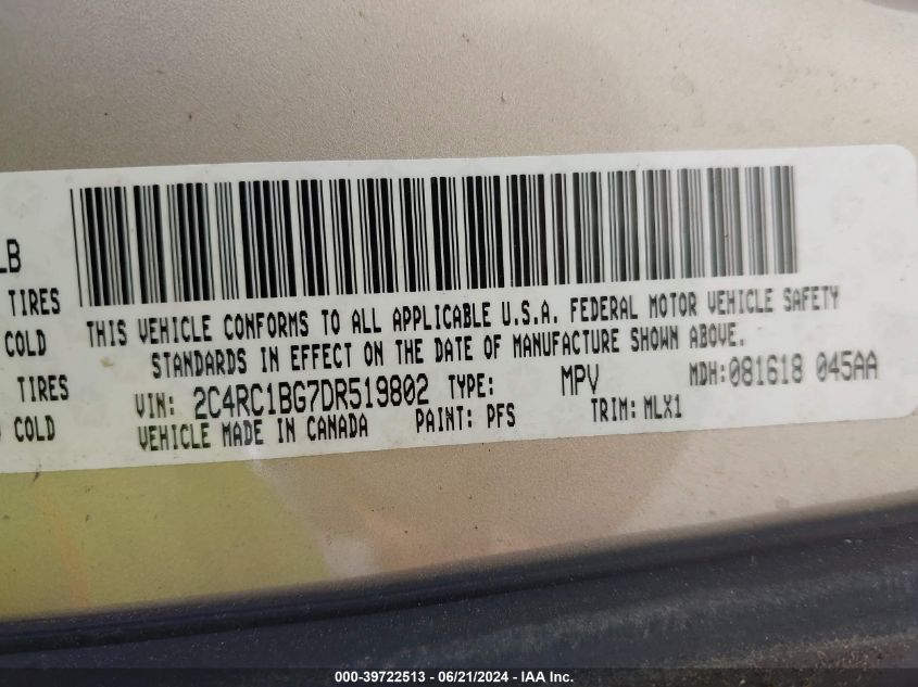 2013 Chrysler Town & Country Touring VIN: 2C4RC1BG7DR519802 Lot: 39722513