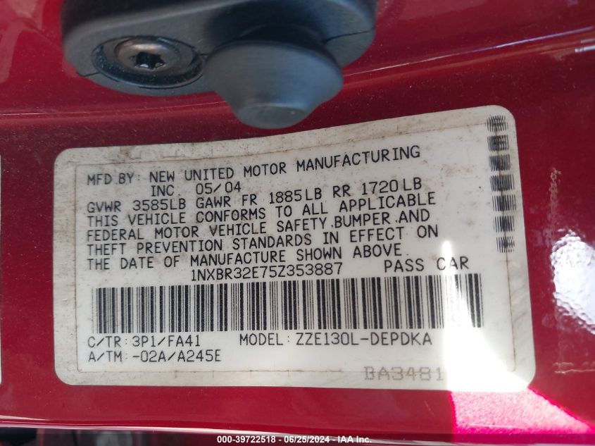 2005 Toyota Corolla Ce VIN: 1NXBR32E75Z353887 Lot: 39722518