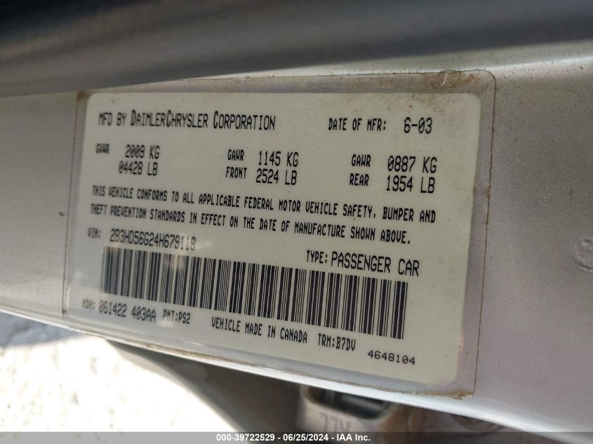 2004 Dodge Intrepid Es/Sxt VIN: 2B3HD56G24H679118 Lot: 39722529