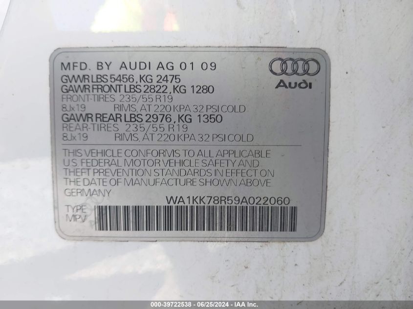 2009 Audi Q5 3.2 Premium VIN: WA1KK78R59A022060 Lot: 39722538