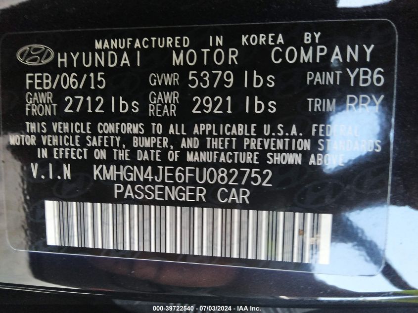 KMHGN4JE6FU082752 2015 Hyundai Genesis 3.8L