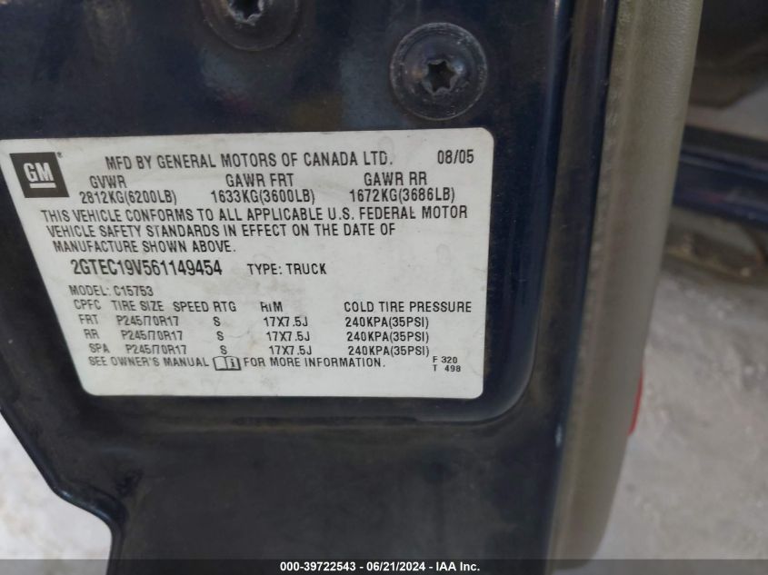 2006 GMC Sierra 1500 Sle1 VIN: 2GTEC19V561149454 Lot: 39722543