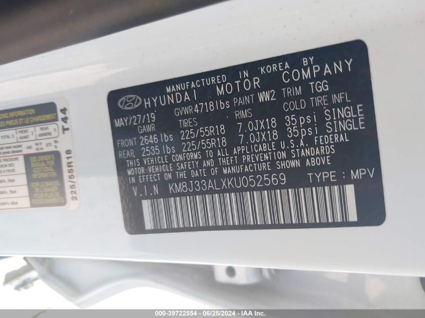 2019 Hyundai Tucson Limited/Sel/Sport/Ultimat VIN: KM8J33ALXKU052569 Lot: 39722554