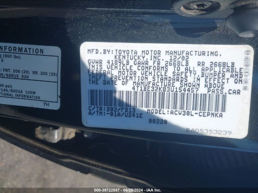 2003 Toyota Camry Le VIN: 4T1BE32K83U154457 Lot: 39722557