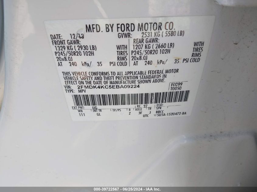 2014 Ford Edge Limited VIN: 2FMDK4KC5EBA09224 Lot: 39722567