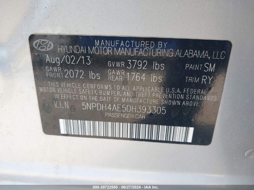 2013 Hyundai Elantra Limited VIN: 5NPDH4AE5DH393305 Lot: 39722580