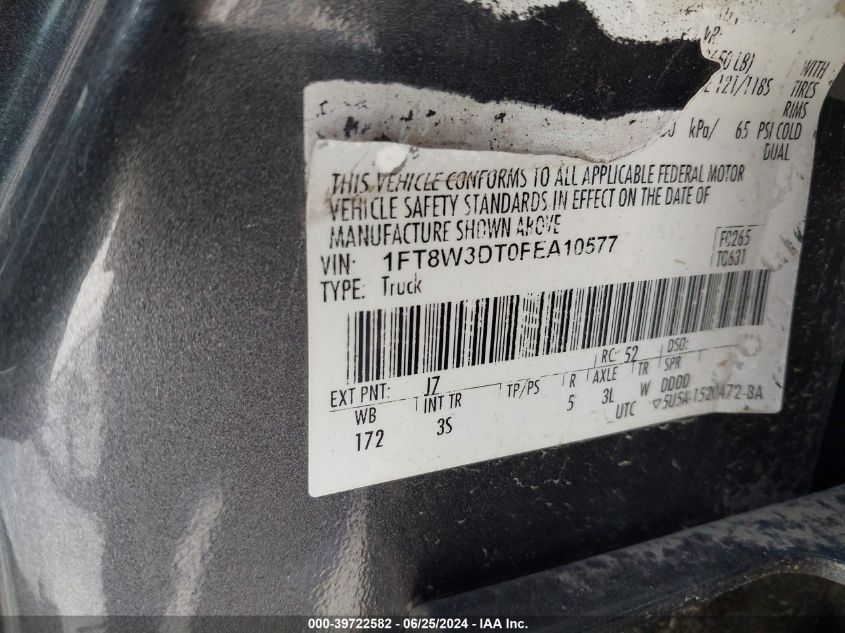 2015 Ford F350 Super Duty VIN: 1FT8W3DT0FEA10577 Lot: 39722582