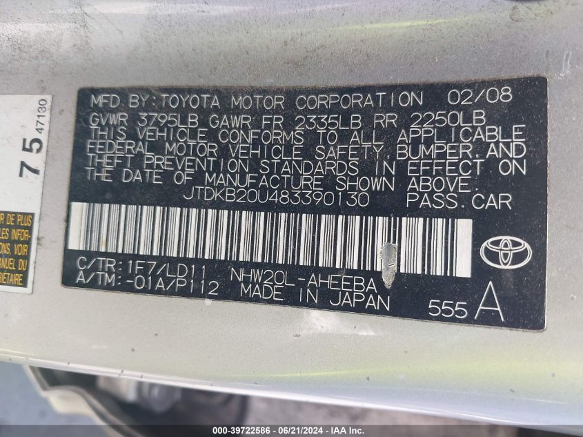 2008 Toyota Prius VIN: JTDKB20U483390130 Lot: 39722586
