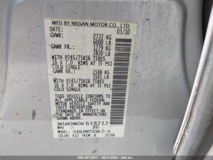 2010 Nissan Pathfinder S Fe+ VIN: 5N1AR1NN2AC618212 Lot: 39722611