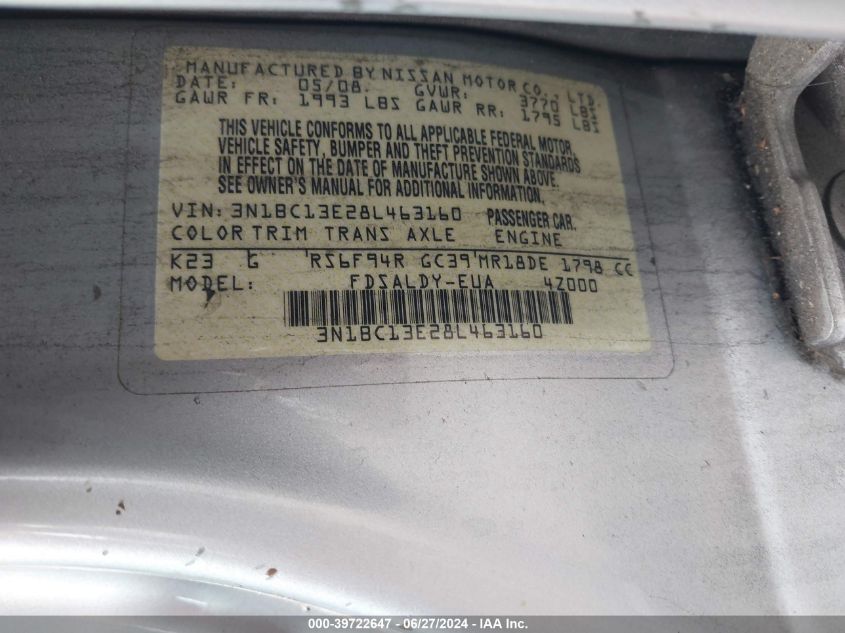 2008 Nissan Versa S/Sl VIN: 3N1BC13E28L463160 Lot: 39722647