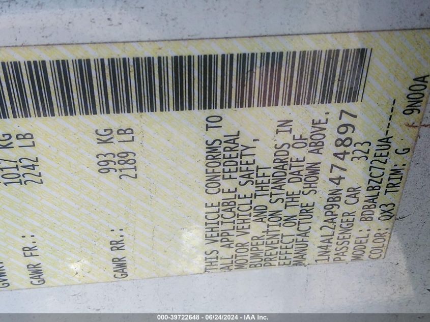 2011 Nissan Altima 2.5 S VIN: 1N4AL2AP9BN474897 Lot: 39722648