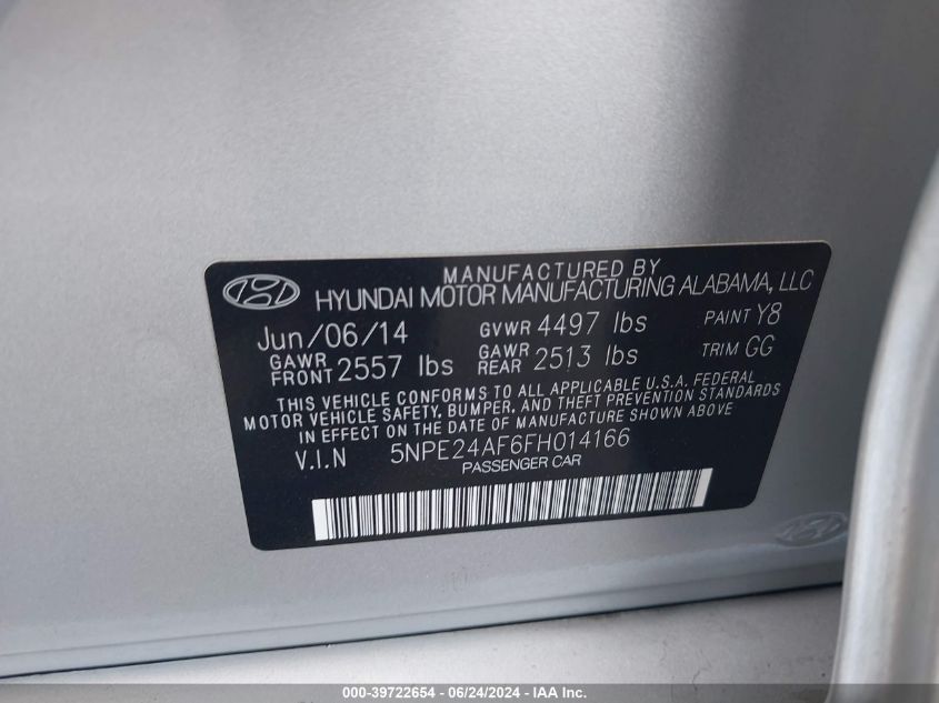 2015 Hyundai Sonata Se VIN: 5NPE24AF6FH014166 Lot: 39722654