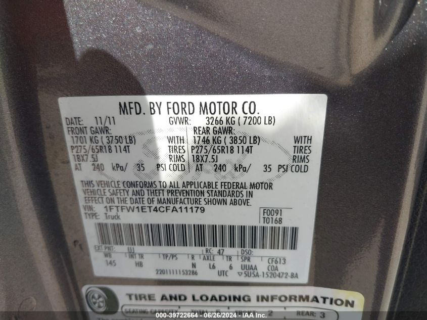 2012 Ford F-150 Lariat VIN: 1FTFW1ET4CFA11179 Lot: 39722664