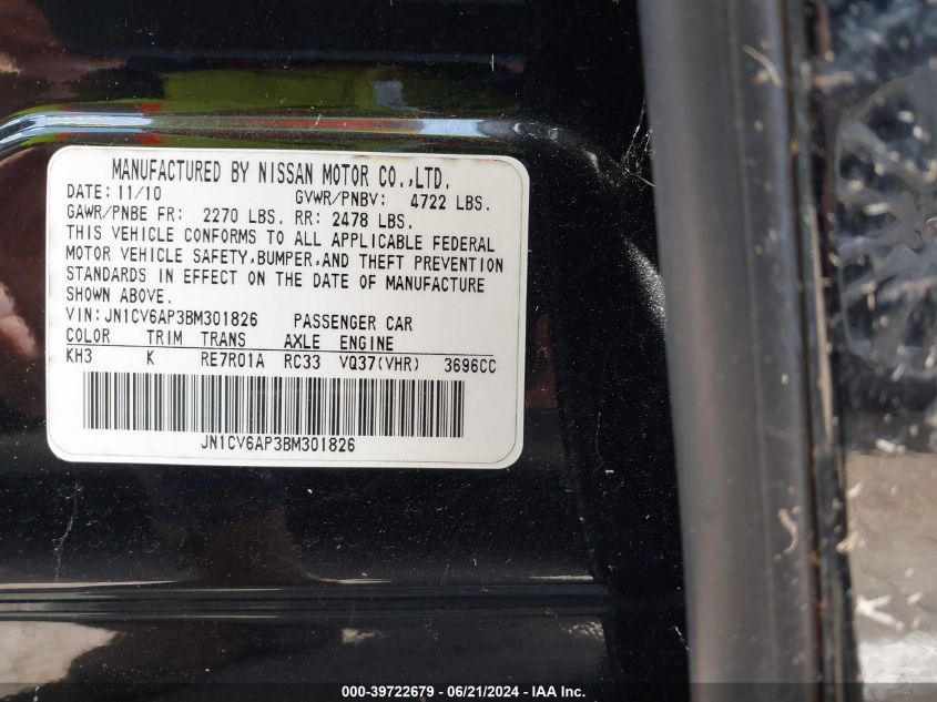 2011 Infiniti G37 Journey VIN: JN1CV6AP3BM301826 Lot: 39722679